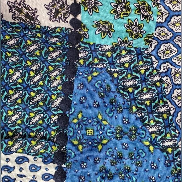 Skies Are Blue Sleeveless Romper Blue Teal White Patchwork Pom Pom Size Small - Picture 7 of 11